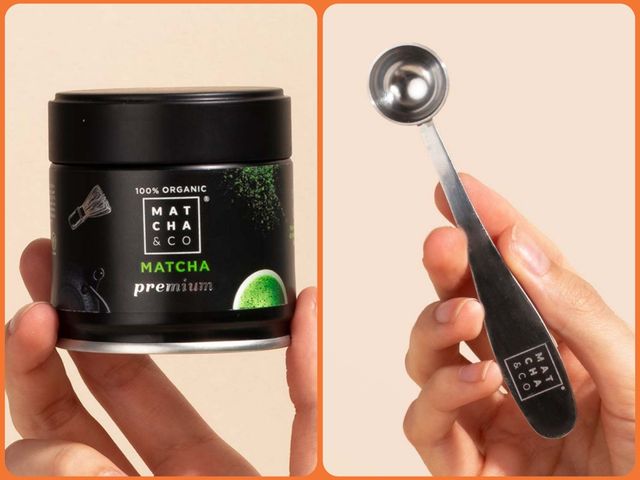 Lata Matcha & Co y Cuchara Medidora en su cajita.