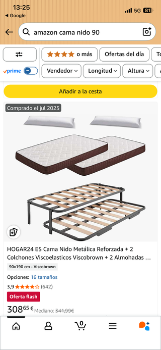 Cama nido con colchones y almohadas 90x190.