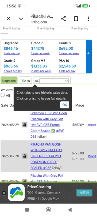 Carta Pokémon de Pikachu Van Gogh Estado 10/10