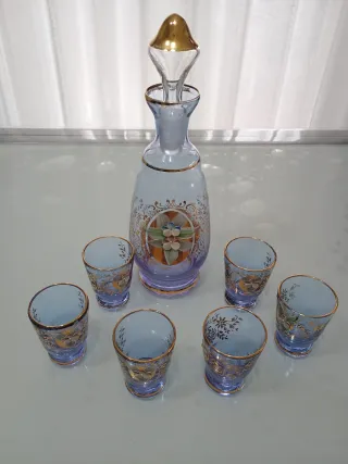 Caraffa e 6 Bicchieri Vetro Decorati Oro