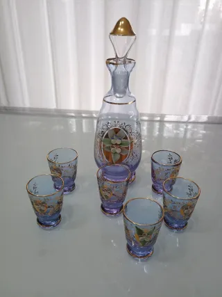 Caraffa e 6 Bicchieri Vetro Decorati Oro