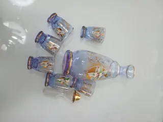 Caraffa e 6 Bicchieri Vetro Decorati Oro