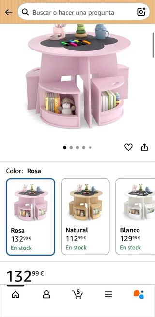 Mesa infantil rosa con 4 taburetes