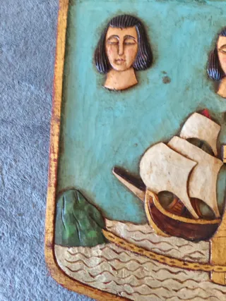 Retablo madera pintado escena marina