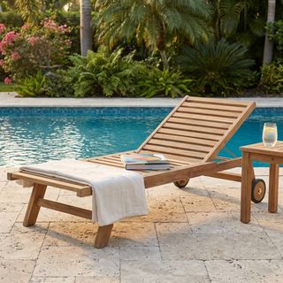 Lettino in Teak con Ruote e Schienale Reclinabile