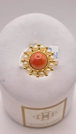 Anillo Oro 18k Coral y Perlas