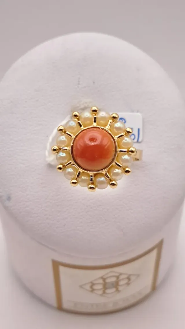 Anillo Oro 18k Coral y Perlas