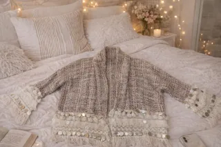 Chaqueta artesanal beige y plateada