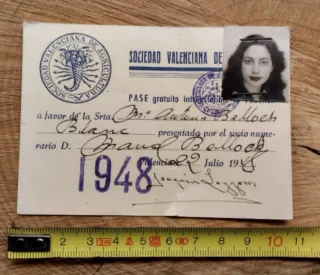 Carnet Pase Sociedad Agricultura Valencia 1948