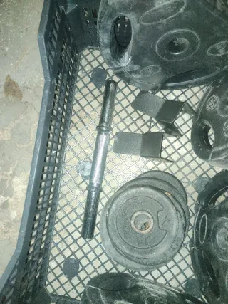 Discos de gimnasio y barra corta para mancuerna