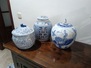 Juego de 7 jarrones chinos azules y blancos
