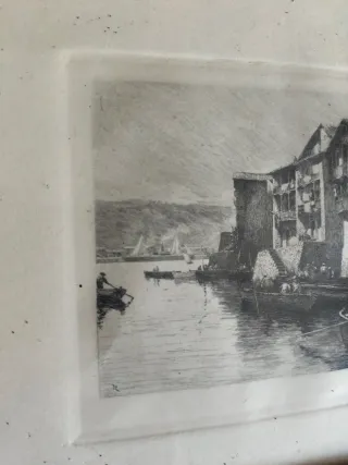 Cuadro grabado barcos y casas