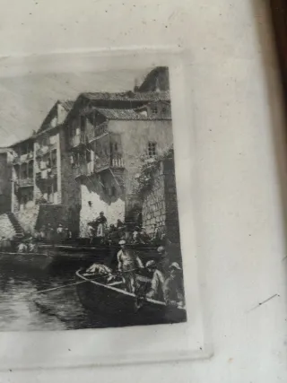 Cuadro grabado barcos y casas