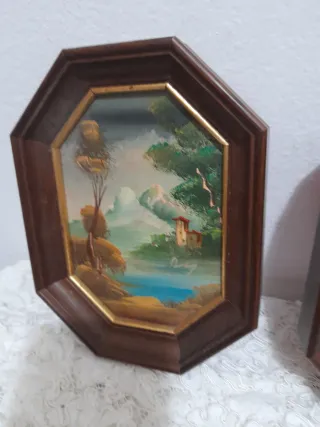 Coppia Quadri Ottagonali Dipinti Paesaggi