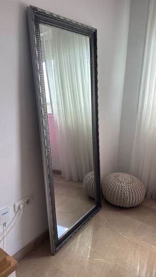 Espejo de pie plateado con marco decorado