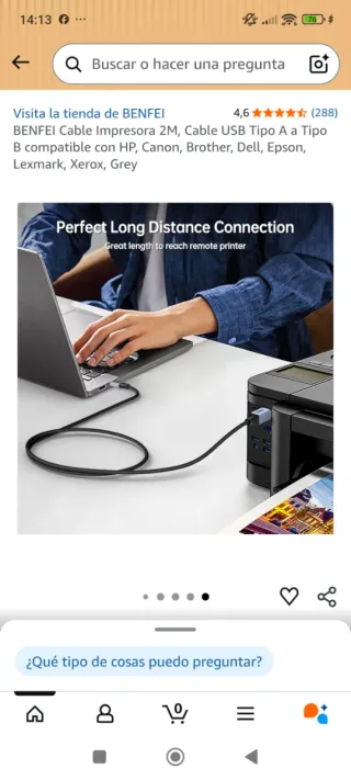 Cable BENFEI USB A a USB B 2M Gris