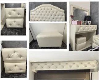 Tocador blanco/beige con espejo y taburete