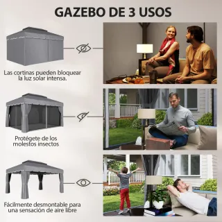 Cenador Jardín 4x3m Pabellón Gazebo Gris