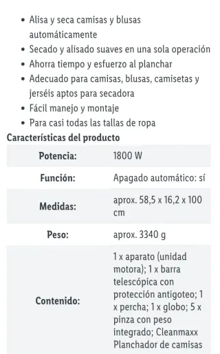 Plancha automática CLEANmaxx camisas