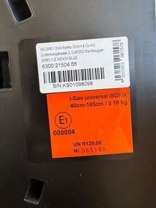 Silla de coche Recaro Zero1. i-Size. Como nueva