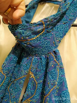 Vestido fiesta largo azul y dorado