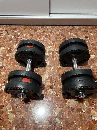 Barras, discos y mancuernas para gimnasio