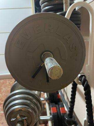 Barras, discos y mancuernas para gimnasio
