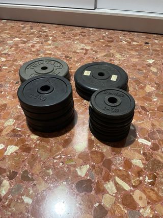 Barras, discos y mancuernas para gimnasio