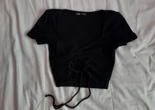 Top Zara Negro Ruched Talla S