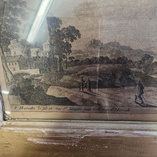 Stampa antica paesaggio con figure