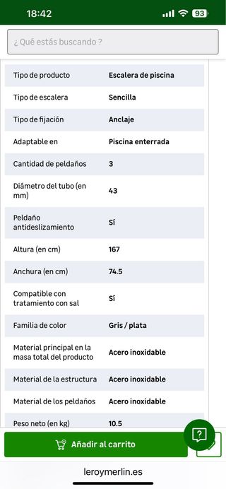 Escalera Piscina 3 Peldaños Acero Inoxidable