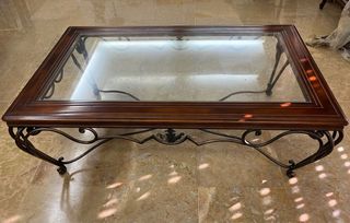 Mesa de centro madera, cristal y forja