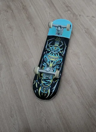 Monopatín con casco y protecciones