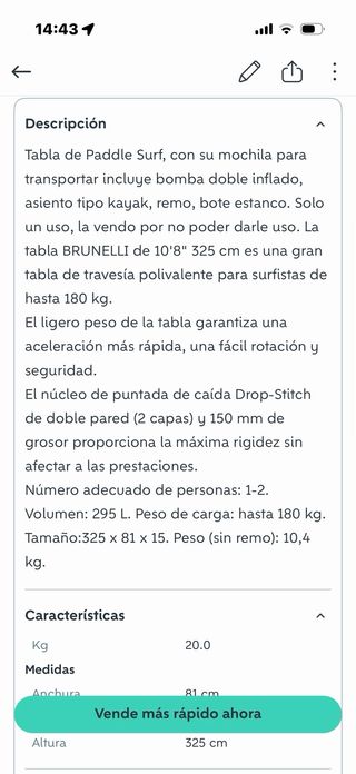 Tabla Paddle Surf Brunelli 325x81x15cm