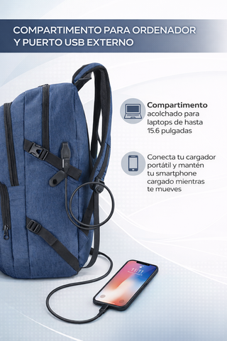 Mochila 15,6 USB Impermeable Ergonómica Azul