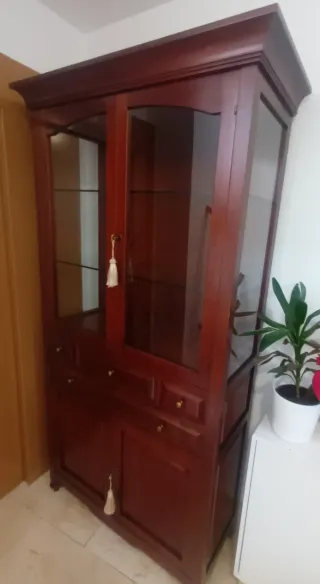 Vitrina de madera maciza con puertas de cristal