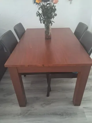 Tavolo da pranzo in legno e sedie in pelle