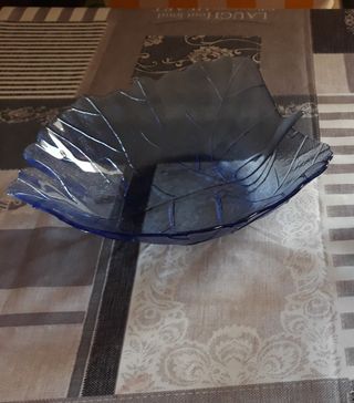 Ensaladera o Frutero Vintage Cristal Azul Hoja