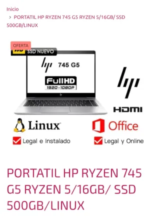 Portátil HP 745 G5 Ryzen 5 16GB SSD 500GB