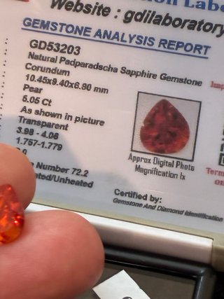 Zafiro Padparadscha 5.05 Ct Pera Naranja