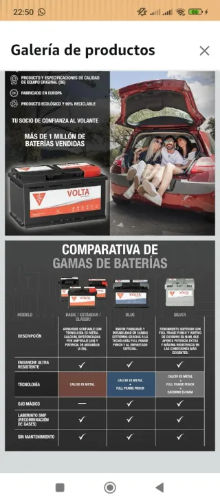 Batería Coche Volta 95Ah 720A Nueva