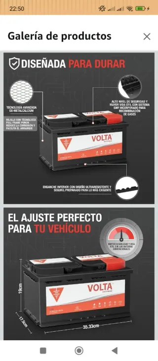 Batería Coche Volta 95Ah 720A Nueva