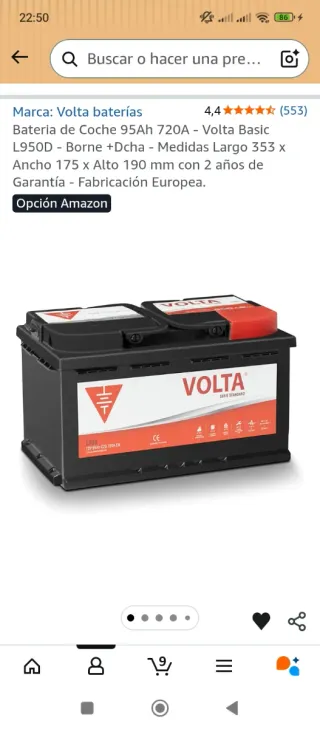 Batería Coche Volta 95Ah 720A Nueva