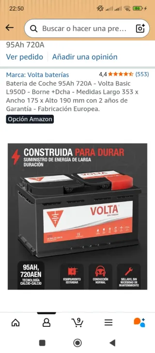 Batería Coche Volta 95Ah 720A Nueva