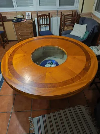 Mesa redonda antigua madera y cristal