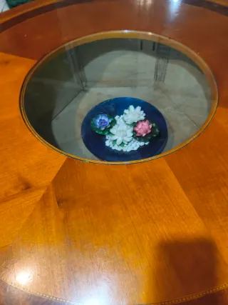 Mesa redonda antigua madera y cristal