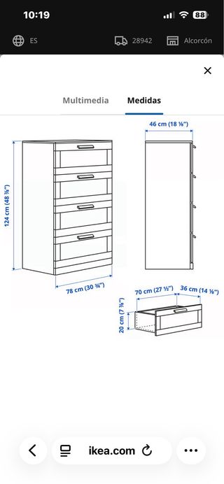 Cómoda 4 cajones y 1 cristal