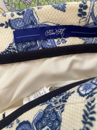 Pantaloni fantasia paisley blu e beige