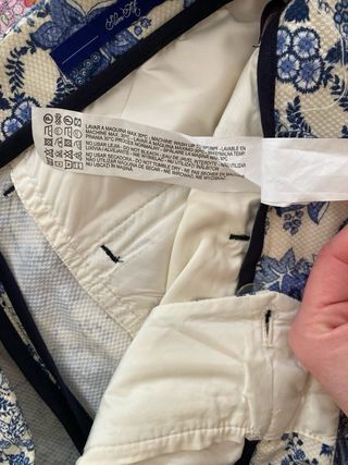 Pantaloni fantasia paisley blu e beige