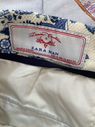Pantaloni fantasia paisley blu e beige